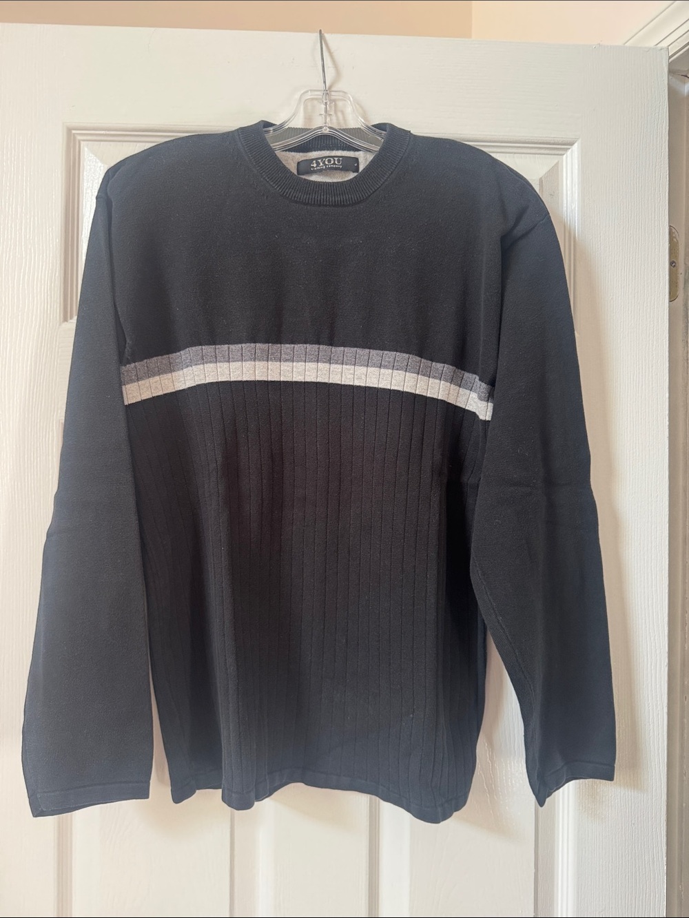 4 You brand Black Men’s Crewneck Sweater with Gray Stripes. Large